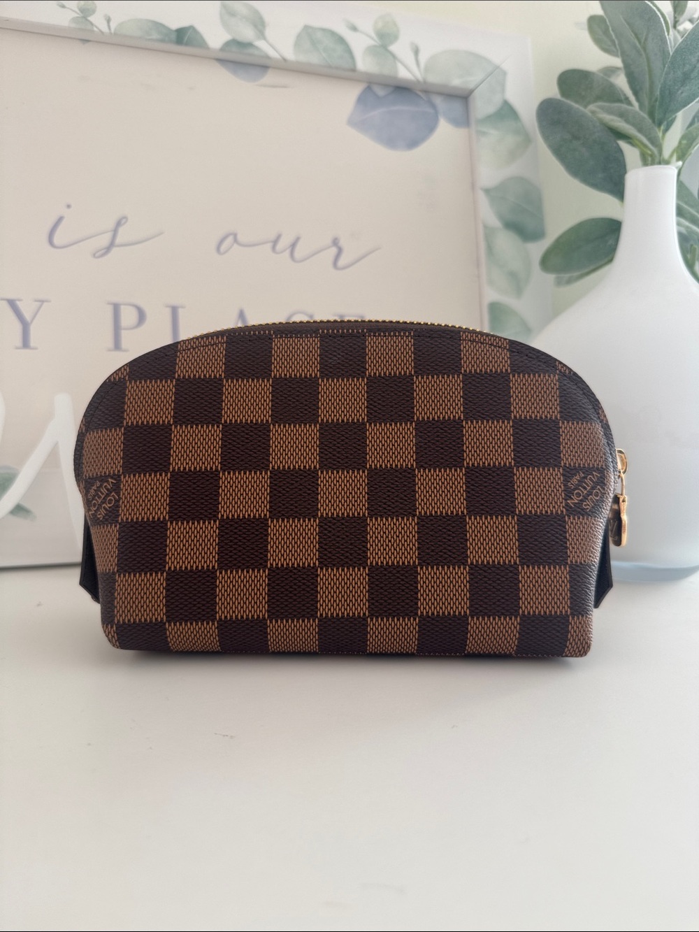 Brown Checkered Cosmetic Pouch - Picture 4 of 6